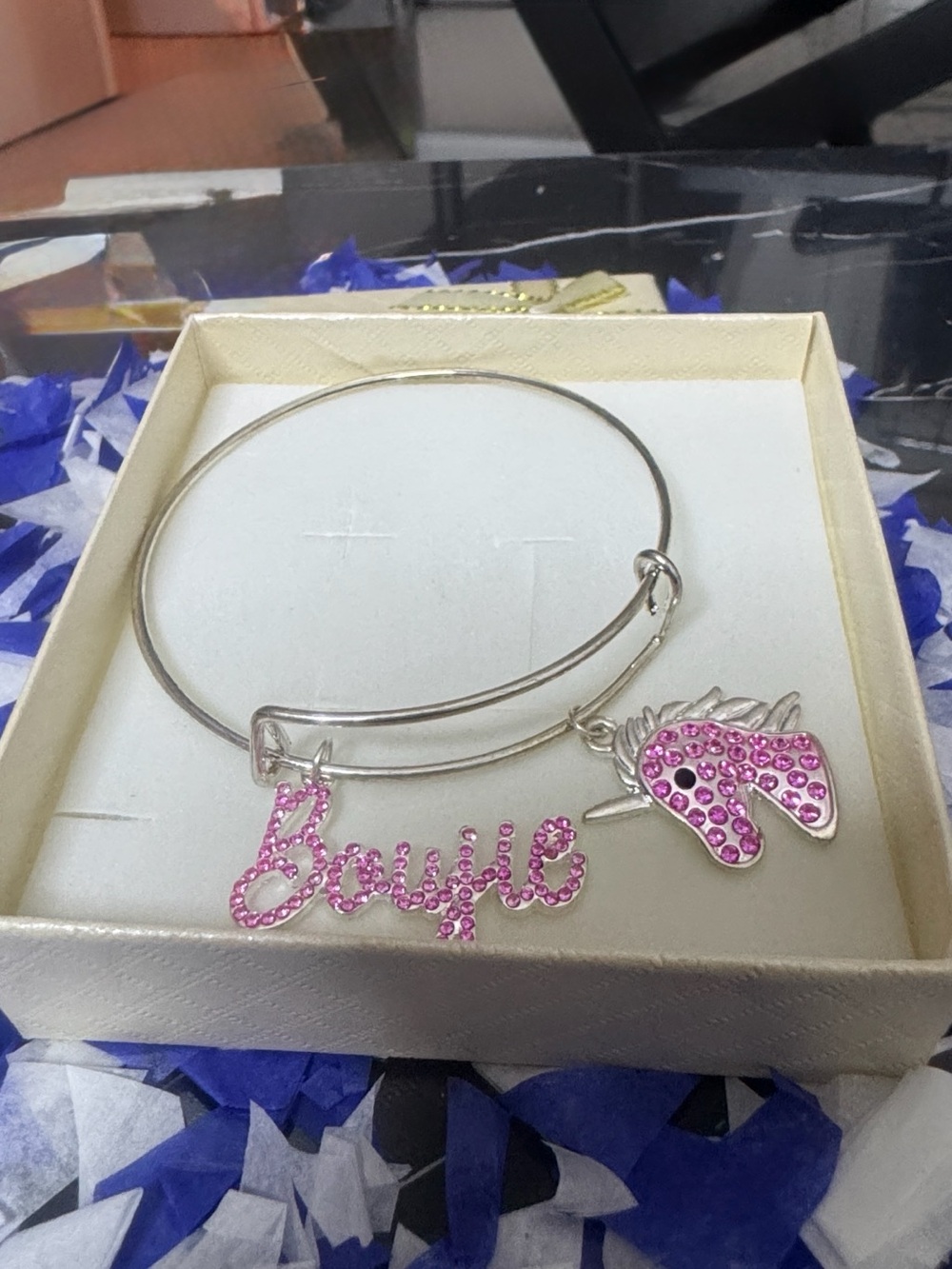 Silver-Tone Bracelet with Pink Crystal Name and Unicorn Charms